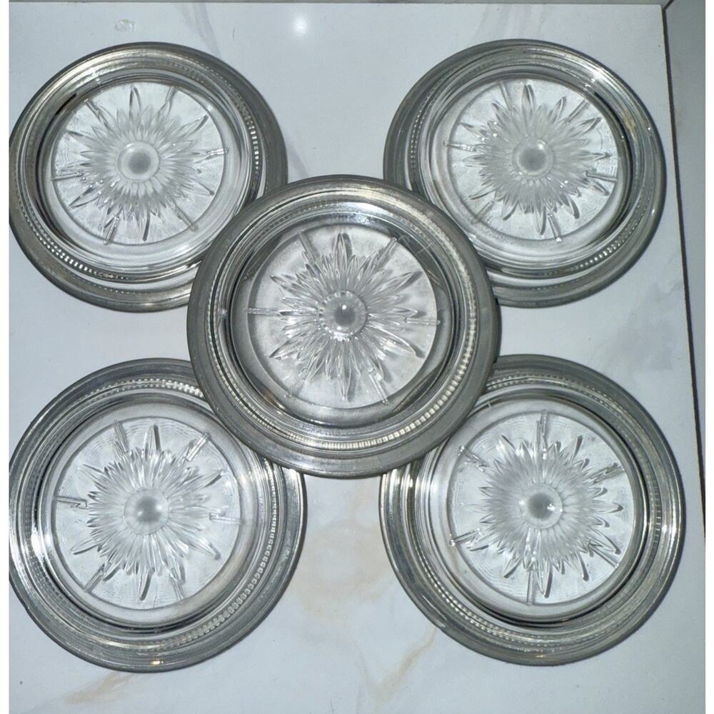 1950s Leonard Pewter Crystal Coasters Italy Set of 5 Starburst 3.5 Inches